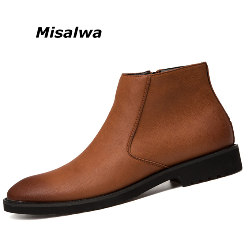 Misalwa Fashion Thin Simple Zipper Men Leather Boots Gray Black Brown Big Size 38 45 British Style Pointed Toe Chelsea Boots