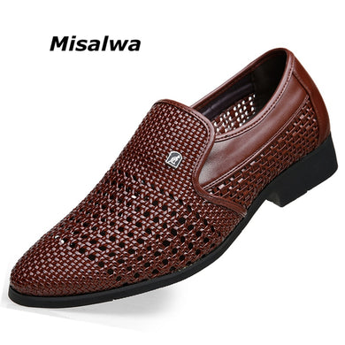 Misalwa Pointed Toe Hollow Weaving Leather Men Summer Dress Shoes Casual Style Breathable Men Office Shoes Party Wedding Shoes