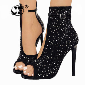 Women Pumps 2019 Fashion Gladiator Thin Heel Peep Toe High Heels Shoes Women Crystal Rhinestone Buckle Strap Pumps Plus Size 555