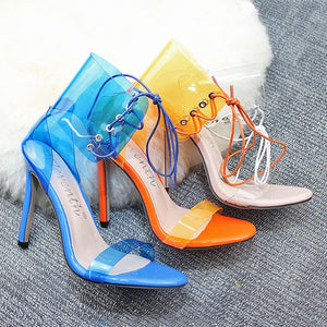 Women Pumps 2019 New PVC Jelly High Heels Lace-Up Open Toed Thin Heels Sexy Women Transparent Heels Sandals Party Shoes 11CM