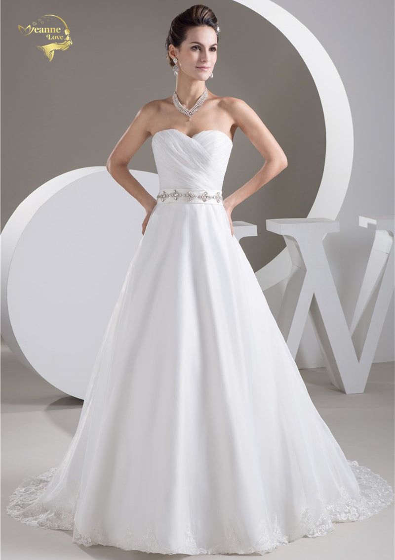 New White / Ivory Luxury Vestido De Noiva Robe De Mariage Bridal Gown A Line Organza Perfect Belt Wedding Dresses 2019 YN 9708