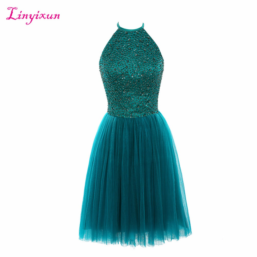 Linyixun Real Photo Fashionable Hot Sale Short Homecoming Dress with Beaded Scoop Sleeveless Knee Length Tull Prom Dresses 2017