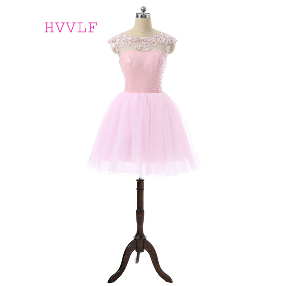 Pink 2017 Homecoming Dresses A-line Scoop Cap Sleeves Tulle Lace Sequins Short Mini Elegant Cocktail Dresses