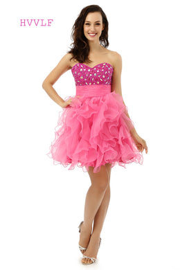 Backless 2019 Homecoming Dresses A-line Sweetheart Short Mini Fuchsia Organza Beaded Crystals Sweet 16 Cocktail Dresses