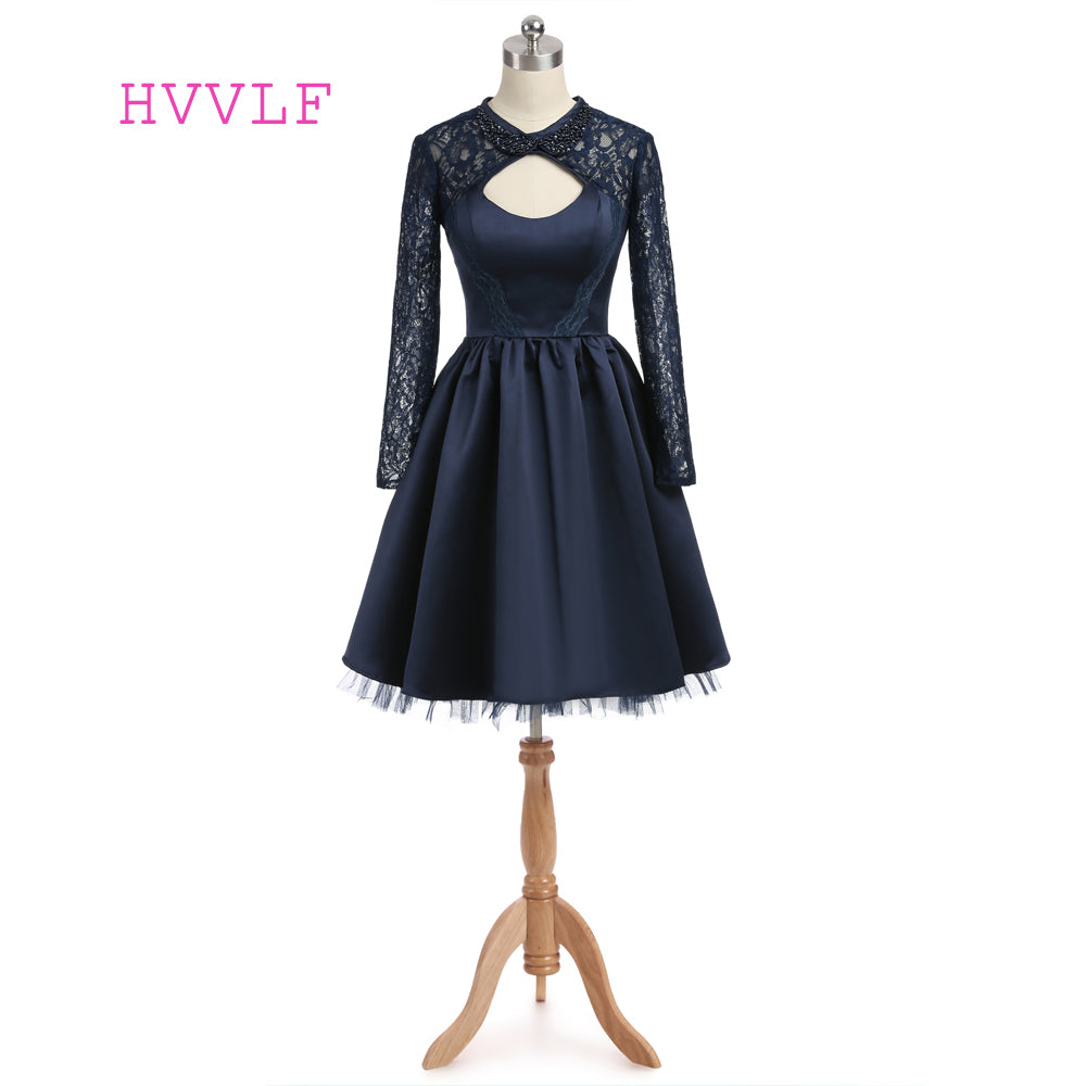 Navy Blue 2019 Homecoming Dresses A-line Long Sleeves Open Back Satin Lace Beaded Sexy Cocktail Dresses