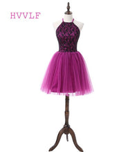 Purple 2019 Homecoming Dresses A-line Halter Short Mini Tulle Lace Beaded  Elegant Cocktail Dresses